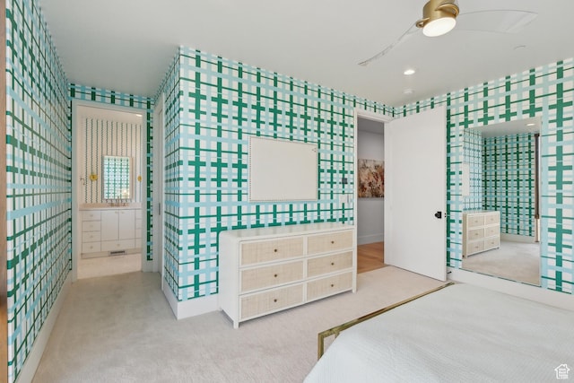 8195 N Ranch Garden Rd, Park City, UT 84098 - unfurnished bedroom with carpet floors, wallpapered walls, ensuite bath, and ceiling fan