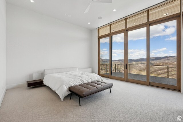 8195 N Ranch Garden Rd, Park City, UT 84098 - bedroom featuring carpet floors, access to outside, recessed lighting, a wall of windows, and a mountain view