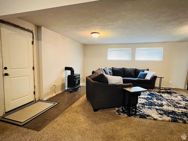 500 W 200 N, Paris, ID 83261 - living room with wood-type flooring, a textured ceiling, and a wood stove