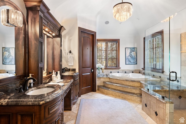 6121 Verness Cv S, Holladay, UT 84121 - bathroom with tile patterned flooring, plus walk in shower, a notable chandelier, and vanity