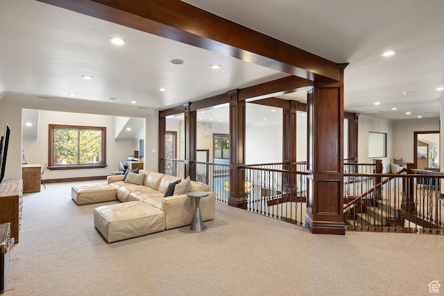 6121 Verness Cv S, Holladay, UT 84121 - living room with beamed ceiling and light carpet