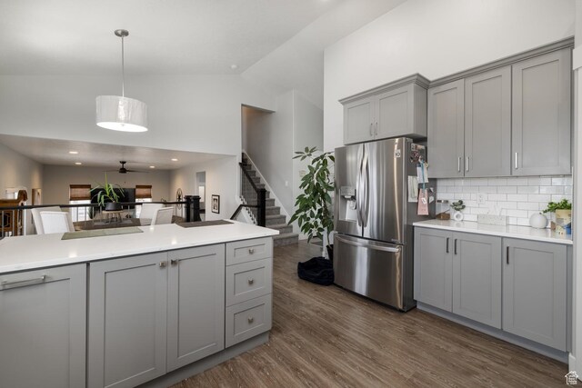 4093 E 4000 S, Vernal, UT 84078 - kitchen featuring gray cabinetry, dark hardwood / wood-style flooring, decorative light fixtures, and stainless steel fridge