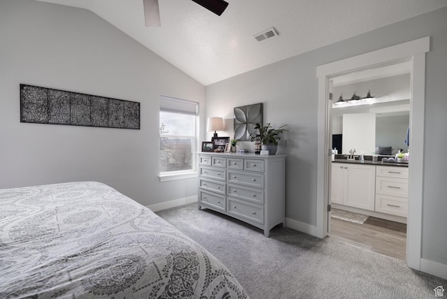 4093 E 4000 S, Vernal, UT 84078 - carpeted bedroom with lofted ceiling, sink, ceiling fan, and ensuite bathroom