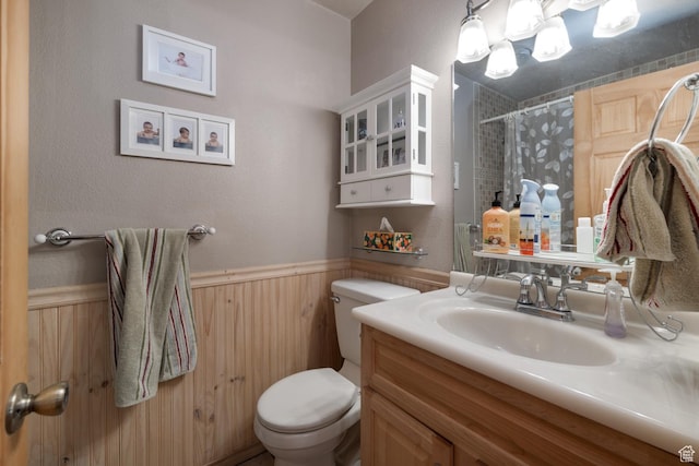4111 E 4000 S, Vernal, UT 84078 - bathroom featuring vanity, curtained shower, toilet, and wood walls