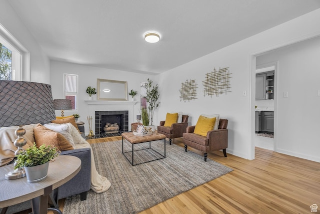 living room with a tile fireplace, baseboards, and wood finished floors