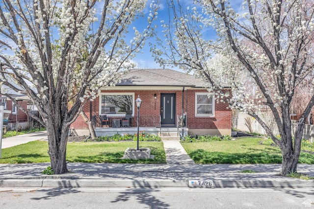 view of front facade with a front yard and brick siding