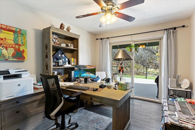 office featuring a textured ceiling, dark hardwood / wood-style floors, and ceiling fan