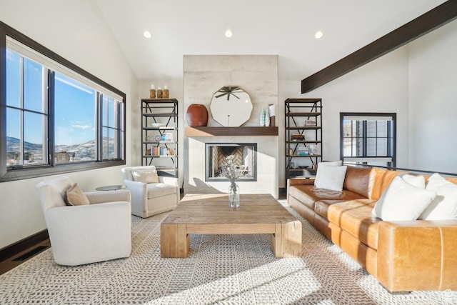 10725 N Hideout Trl, Hideout, UT 84036 - living area featuring a fireplace, recessed lighting, high vaulted ceiling, and beamed ceiling
