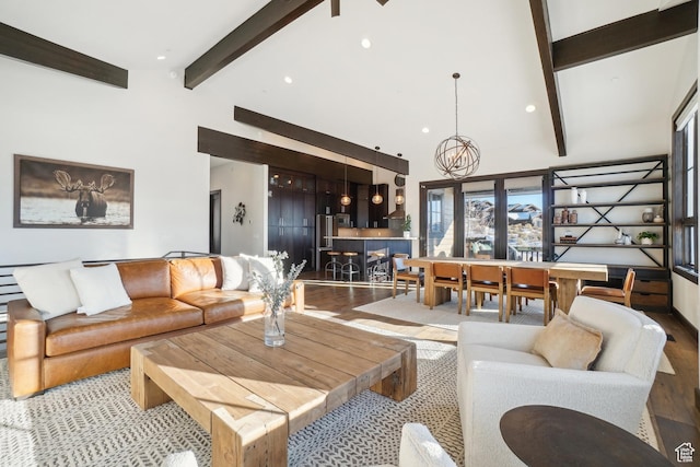 10725 N Hideout Trl, Hideout, UT 84036 - living room with beamed ceiling, a chandelier, high vaulted ceiling, and wood finished floors