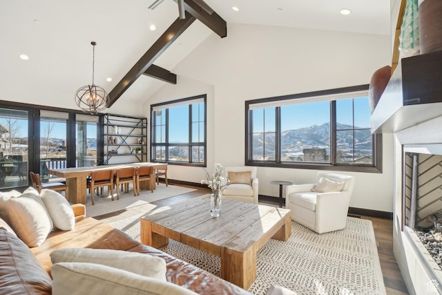 10725 N Hideout Trl, Hideout, UT 84036 - living room featuring beamed ceiling, wood finished floors, a chandelier, recessed lighting, and high vaulted ceiling