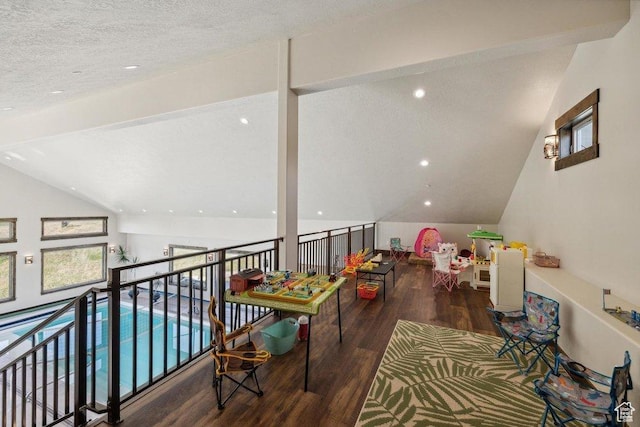 6117 Rocky Ridge Rd N, Peoa, UT 84061 - game room featuring wood-type flooring, vaulted ceiling, and a textured ceiling