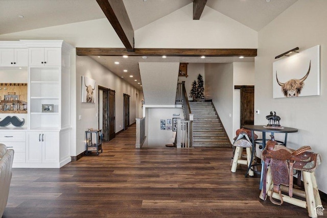 6117 Rocky Ridge Rd N, Peoa, UT 84061 - interior space featuring dark wood-type flooring, beam ceiling, and high vaulted ceiling