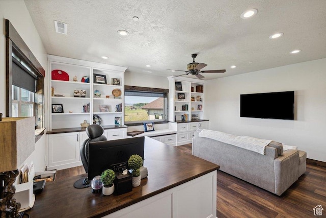 6117 Rocky Ridge Rd N, Peoa, UT 84061 - living room featuring dark hardwood / wood-style flooring, ceiling fan, and a textured ceiling