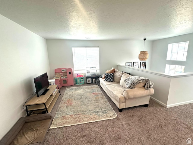 living room with carpet floors and a textured ceiling