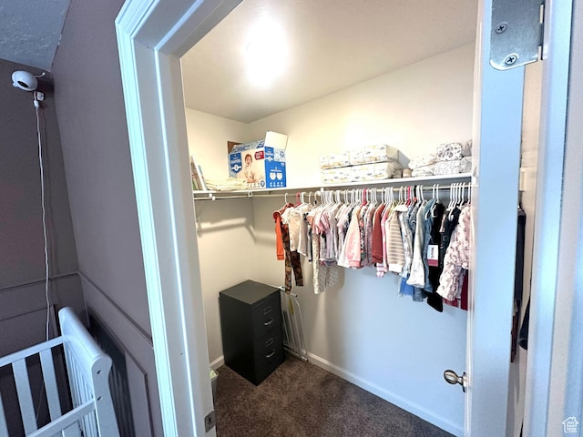 spacious closet featuring dark colored carpet