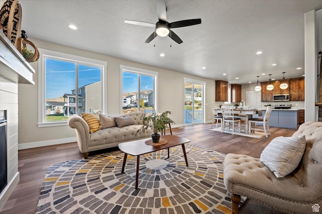 831 E 490 N Unit 143, Hyde Park, UT 84318 - living room featuring a textured ceiling, dark hardwood / wood-style floors, and ceiling fan