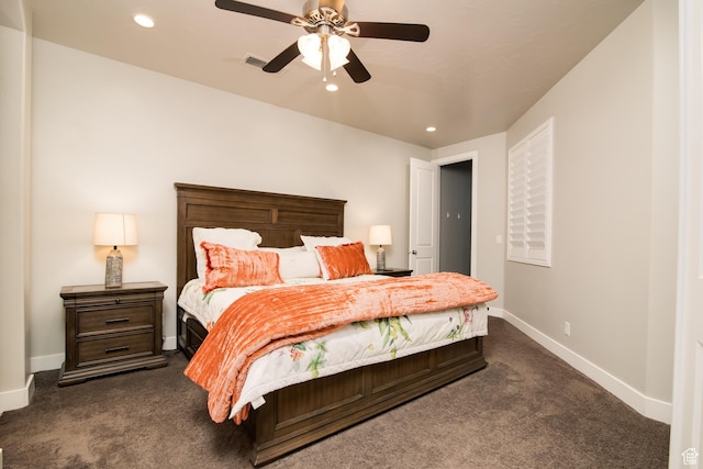 carpeted bedroom featuring ceiling fan