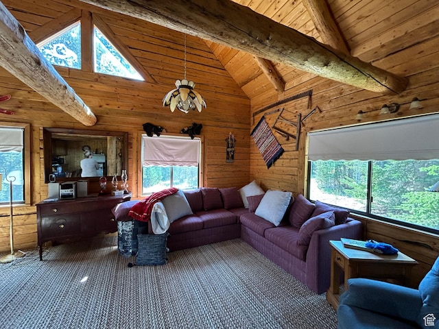 1554 Ireland Ln E, Brian Head, UT 84719 - carpeted living room with high vaulted ceiling, beam ceiling, wooden ceiling, and wood walls