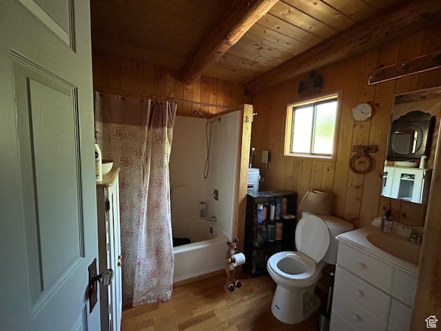 1554 Ireland Ln E, Brian Head, UT 84719 - full bathroom with wood ceiling, wooden walls, vanity, shower / bath combination with curtain, and beamed ceiling
