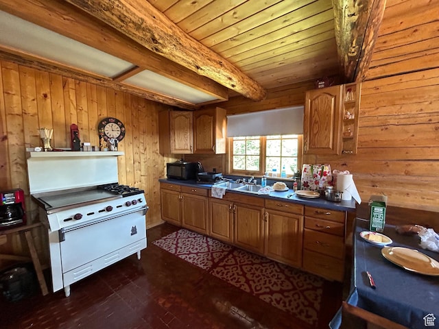 1554 Ireland Ln E, Brian Head, UT 84719 - kitchen featuring wooden walls, beamed ceiling, sink, white stove, and dark wood-type flooring