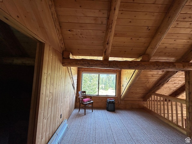 1554 Ireland Ln E, Brian Head, UT 84719 - bonus room with a baseboard heating unit, wood ceiling, wooden walls, and lofted ceiling with beams