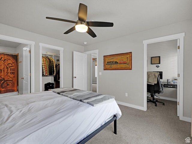 carpeted bedroom with a spacious closet, a closet, and ceiling fan