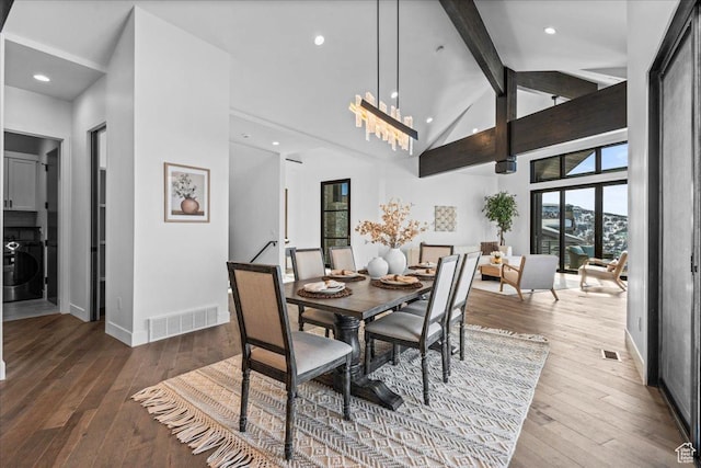 11432 N Fox Hollow Ct Unit 121, Hideout, UT 84036 - dining space featuring high vaulted ceiling, visible vents, beamed ceiling, washer / clothes dryer, and hardwood / wood-style floors