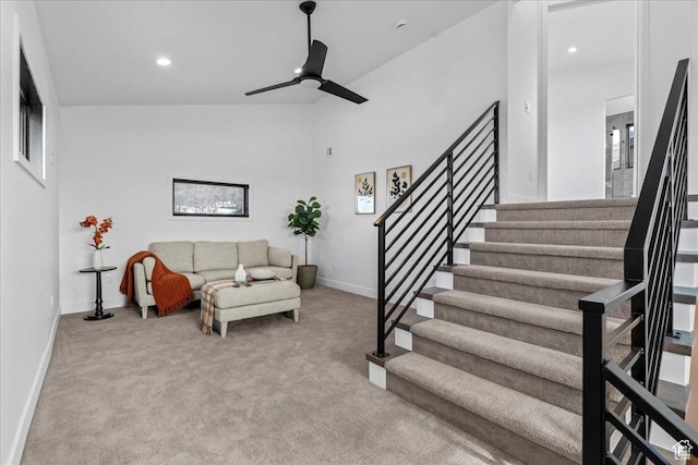 11432 N Fox Hollow Ct Unit 121, Hideout, UT 84036 - living area with carpet flooring, ceiling fan, stairway, and baseboards