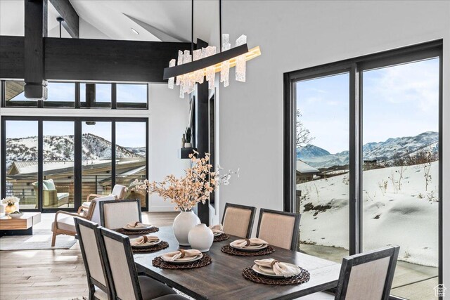 11432 N Fox Hollow Ct Unit 121, Hideout, UT 84036 - dining room featuring light wood-style floors, a notable chandelier, high vaulted ceiling, and a mountain view