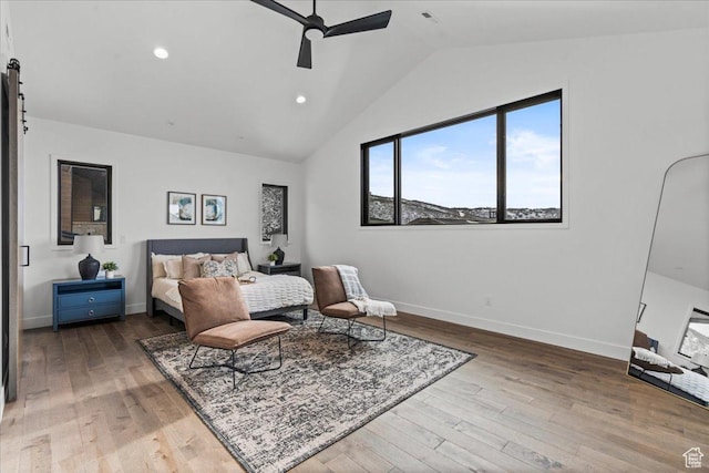 11432 N Fox Hollow Ct Unit 121, Hideout, UT 84036 - bedroom featuring wood finished floors, lofted ceiling, baseboards, ceiling fan, and recessed lighting