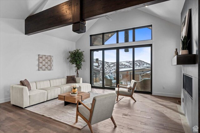 11432 N Fox Hollow Ct Unit 121, Hideout, UT 84036 - living area with hardwood / wood-style floors, high vaulted ceiling, baseboards, and beamed ceiling