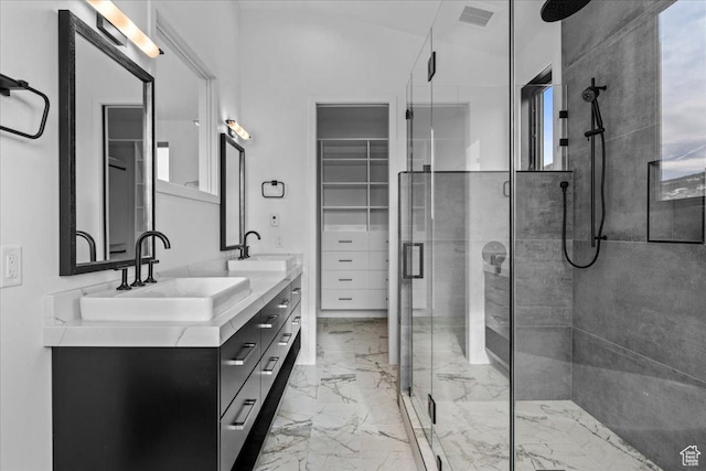 11432 N Fox Hollow Ct Unit 121, Hideout, UT 84036 - bathroom with marble finish floor, a sink, visible vents, and a shower stall