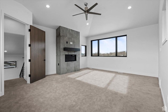11432 N Fox Hollow Ct Unit 121, Hideout, UT 84036 - unfurnished living room featuring carpet floors, recessed lighting, a fireplace, and ceiling fan