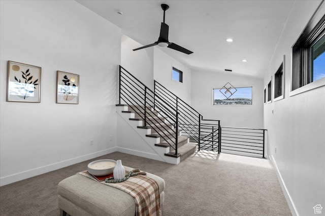 11432 N Fox Hollow Ct Unit 121, Hideout, UT 84036 - stairway featuring high vaulted ceiling, carpet, baseboards, and ceiling fan