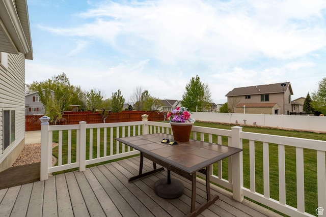 wooden deck with a fenced backyard and a yard