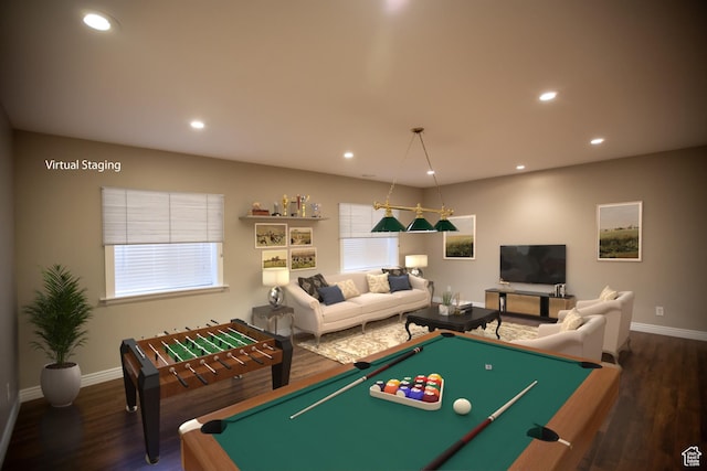 game room with recessed lighting, a healthy amount of sunlight, and wood finished floors