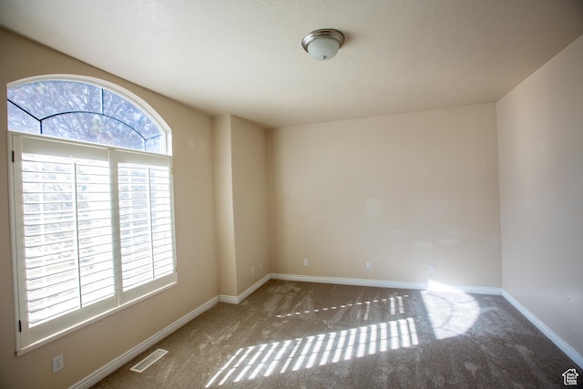carpeted spare room with baseboards, visible vents, and a healthy amount of sunlight