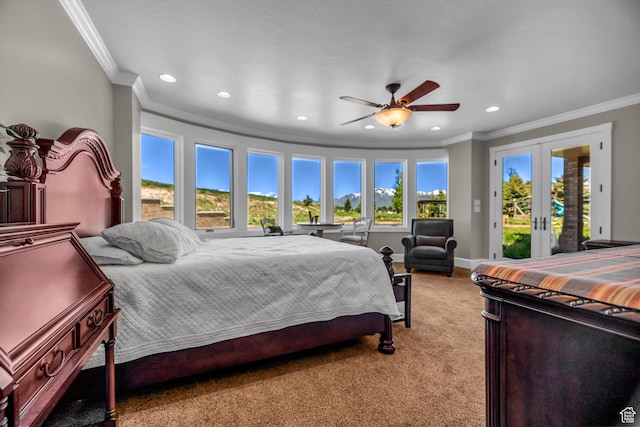 2410 E Center Creek Rd, Heber City, UT 84032 - bedroom with ceiling fan, access to exterior, ornamental molding, light colored carpet, and french doors