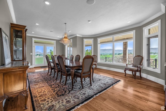 2410 E Center Creek Rd, Heber City, UT 84032 - dining room featuring hardwood / wood-style flooring, ornamental molding, a mountain view, and a textured ceiling