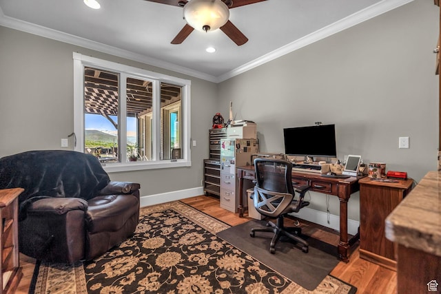 2410 E Center Creek Rd, Heber City, UT 84032 - home office with crown molding, ceiling fan, and light hardwood / wood-style flooring