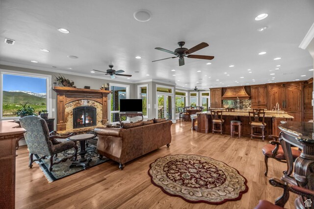 2410 E Center Creek Rd, Heber City, UT 84032 - living room featuring ornamental molding, a healthy amount of sunlight, sink, and light hardwood / wood-style floors