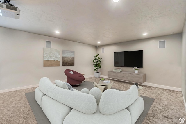 living room featuring light carpet