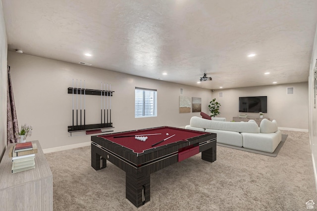 rec room featuring carpet flooring, a textured ceiling, and billiards