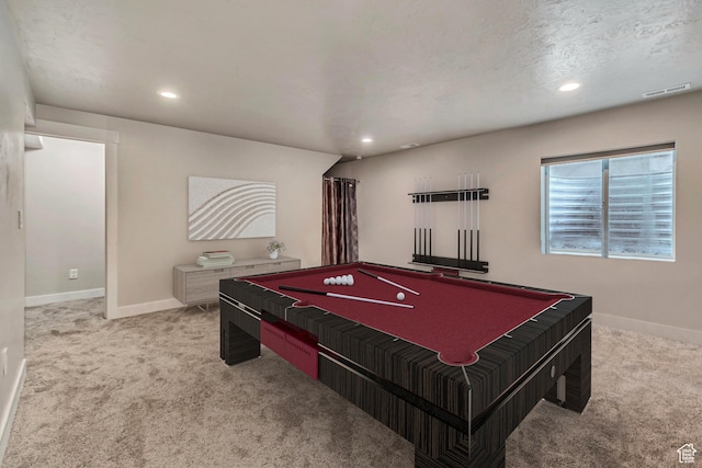 game room with carpet flooring and pool table