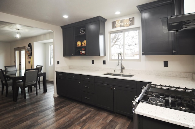 761 S 1900 W, Marriott Slaterville, UT 84404 - kitchen with light stone counters, sink, stainless steel gas range oven, and dark hardwood / wood-style floors