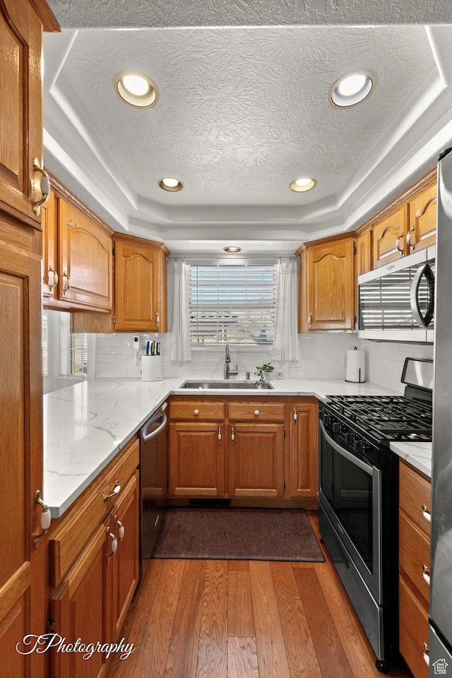 kitchen featuring dark wood-type flooring, stainless steel appliances, a raised ceiling, and sink