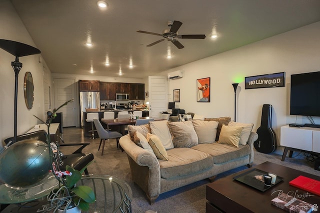 5160 W Villas N Dr N Unit 6-105, Hurricane, UT 84737 - living room featuring ceiling fan, a wall mounted AC, and dark colored carpet