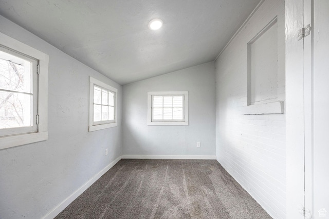 spare room featuring vaulted ceiling and carpet flooring