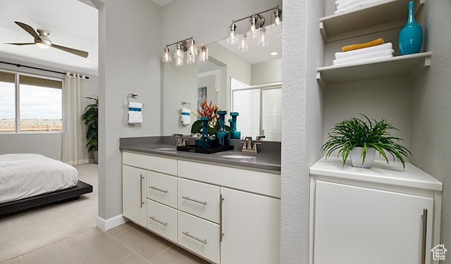 2146 W 3930 S Unit 20, Hurricane, UT 84737 - bathroom with walk in shower, ceiling fan, tile patterned floors, and vanity