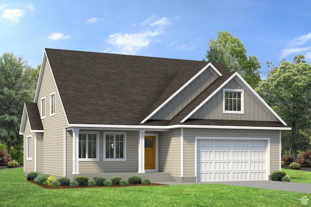 view of front of property featuring board and batten siding, aphalt driveway, a garage, a front yard, and a shingled roof
